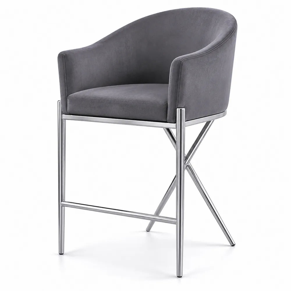 Sgabello in Velluto Grigio con Struttura in Metallo
