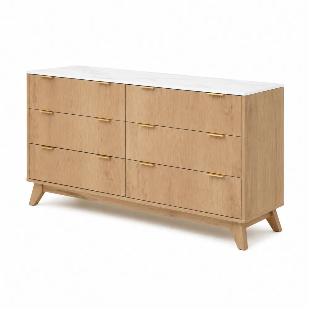 Cassettiera in Legno con Marmo Bianco e Metallo Dorato
