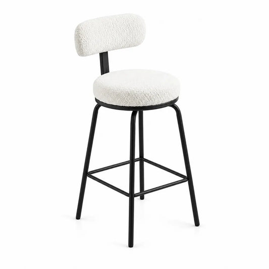 Sgabello da Bar in Tessuto Bouclé Bianco con Struttura in Metallo