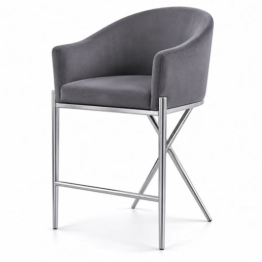 Sgabello in Velluto Grigio con Struttura in Metallo