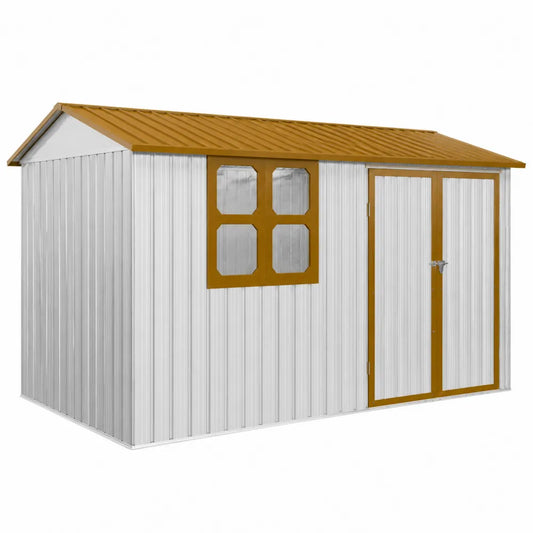 Capanno da Giardino in Metallo con Finestre e Porta Doppia 300x200x210cm Grigio Marrone