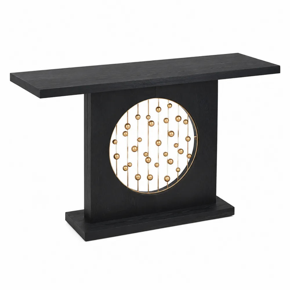 Consolle rettangolare in legno nero con decorazione in metallo oro